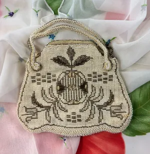Vintage Czechoslovakia Micro Beaded Coin‎ Purse Cream Bronze Floral Evening Bag thumbnail 1