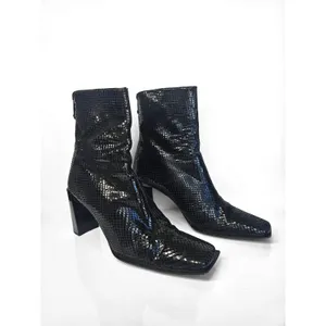 Stuart Weitzman Black Snake Embossed Leather Square Toe Block Heel Boots‎ 8.5 AA thumbnail 2