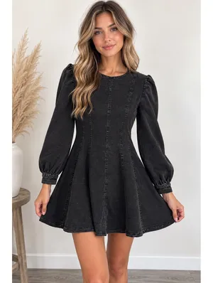 Black Acid Wash Denim Fit & Flare Mini Dress Puff Sleeve Size Small thumbnail 13