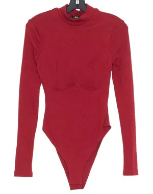 Lulus Womens Bodysuit Mockneck Long Sleeve Ribbed Red Size Medium EA thumbnail 1