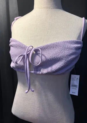 PacSun Purple Smocked‎ Front Tie Bikini Top Lavender Textured Swim Large NEW thumbnail 1