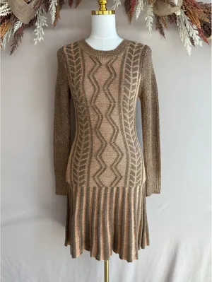 Venus Women's Knit Sweater Dress Size S Beige Brown Patterned Long Sleeve thumbnail 3