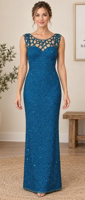 Scala Silk Beaded Gown Teal Blue Lattice Neckline Maxi Dress Small Formal Gown thumbnail 1