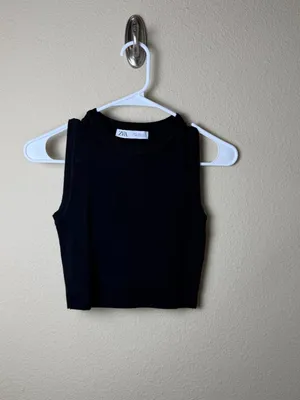ZARA Ribbed Knit High Neck Sleeveless Sweater Tank Top Size Medium Black thumbnail 2