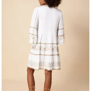 Hale Bob White Gold Embroidered Boho V Neck Tiered Gauze Taliah Dress MEDIUM thumbnail 5