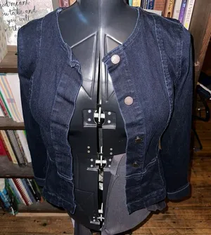 Ann Taylor collarless XS denim stretchy jacket thumbnail 1