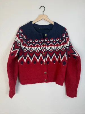 Gap Fair Isle Brushed Alpaca Wool Cardigan Sweater Medium Red Navy Blue $80 thumbnail 3