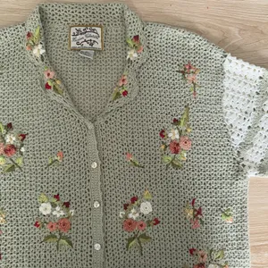 VTG Large Short Sleeve Cardigan Button‎ Up Embroidered Floral Sage Green Crochet thumbnail 7