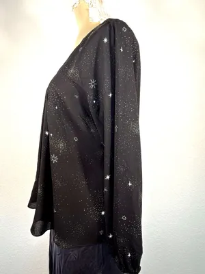 Women Blouse Large Black Celestial Star Print Sheer Whimsigoth Witchy Top thumbnail 6