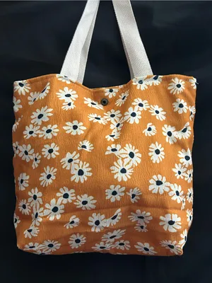 Daisy Print Orange Floral Canvas Tote Bag with White Handles thumbnail 2