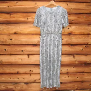 Mac Duggal 5980 Blue High Neck Short Sleeve Crystal Fringe Column Dress thumbnail 6