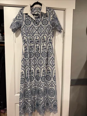 Elie Tahari Navy and White Lace-eyelet Pattern Midi‎ Dress medium thumbnail 2