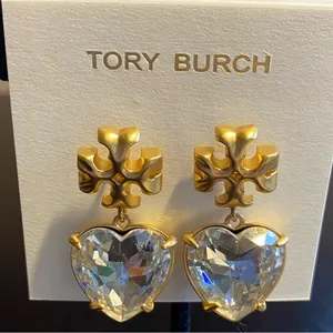 Tory Burch Kira Crystal faceted heart drops hanging from TB logo studs thumbnail 2