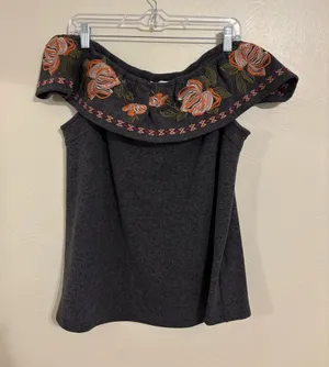 THML XL Embroidered Floral Off Shoulder Knit Top Charcoal Boho thumbnail 1