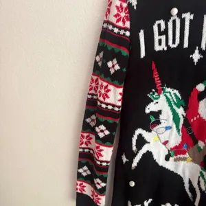 No Boundaries Black Santa Riding Unicorn Ugly Christmas Sweater Pom Poms Medium thumbnail 4