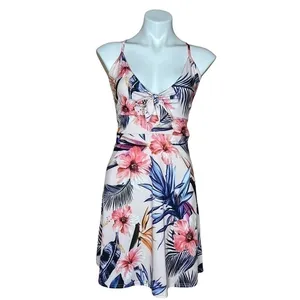 Boohoo Pink Tropical‎ Floral Tie Front Cutout Skater Dress Summer Vacation thumbnail 2