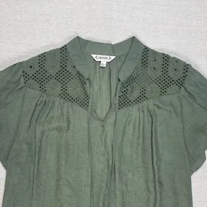 Nanette Lepore | Olive Green Lace Yoke Short Sleeve Top | Large thumbnail 3