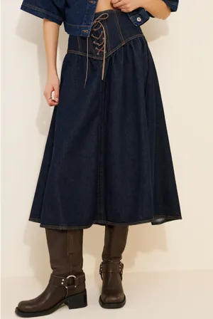 Pilcro Anthropologie Denim Lace Up Drop Waist Midi Skirt thumbnail 1