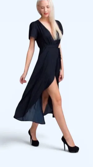 Honeypunch Come Together Navy Blue Midi Wrap Dress, Size S thumbnail 1