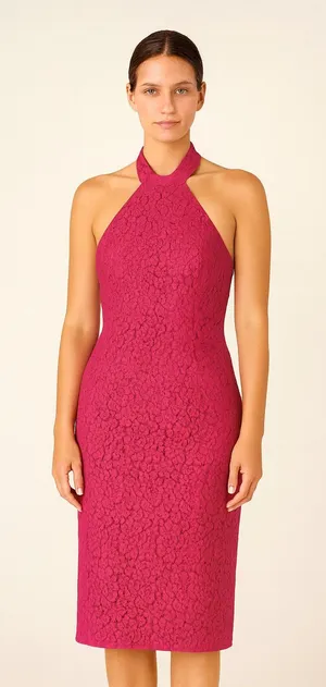 Zara Fuchsia Lace Halter Backless Long Midi Back Slit Lined Sheath Dress Sz‎ XS thumbnail 1