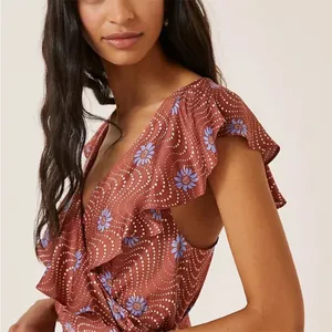 Anthropologie Ruffle Sleeve Printed Wrap Maxi Dress brown cornflower S thumbnail 3