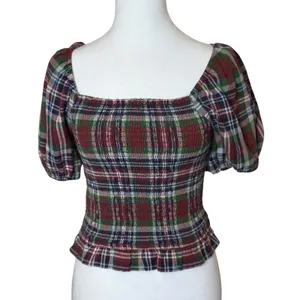 American Eagle Womens Plaid Square Neck Smocked Crop Top Small Holiday‎ Heritage thumbnail 4