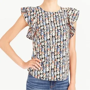 J Crew Mercantile‎ Women's Floral Ruffle Sleeve Top Size 12 Black Multi thumbnail 1