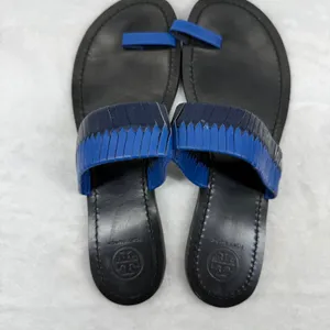 Tory Burch Blue Woven Leather‎ Toe Ring Slide Flat Sandals Womens 8.5 Estimated thumbnail 6