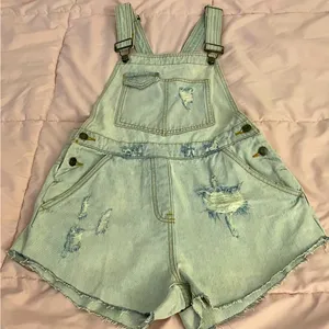 Glassons Denim light wash distressed overall shorts romper, size 8 boho casual thumbnail 1