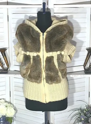 Vintage Faux Fur vest cable knit warm hooded ski resort travel cottage 70's boho thumbnail 1