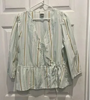 A New Day 100% Cotton Mint Green Striped‎ Faux Wrap Blouse Size Large thumbnail 1