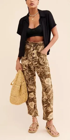 Urban Outfitters Teresa Printed Paperbag Pants Size Medium Linen Blend *No Belt* thumbnail 1