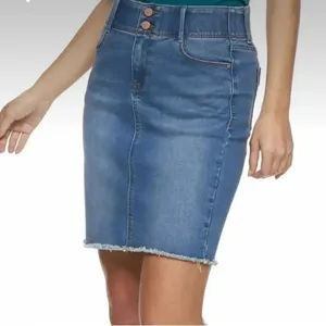APT 9 Denim Jean Pencil Skirt Pockets‎ Slit Stretch Whiskered Blue Wash Sz 12 thumbnail 8