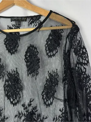 Forever 21 Plus Black Mesh Floral‎ Lace Scallop Hem Sheer Long Sleeve 1X thumbnail 3