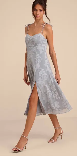 Lulus Loveliest Looks Dusty Blue Floral Jacquard Tie-Strap Midi Size Large thumbnail 1
