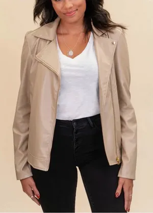 Women’s Beige Faux Leather Moto Jacket thumbnail 1