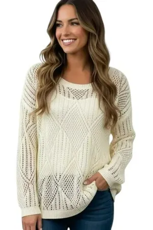 Cream Open Weave Crochet Oversized Slouchy Knit Sweater S thumbnail 1