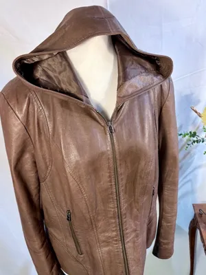 💥Danier Genuine Leather Hooded Moto Zip Up Jacket Brown Quilted Lining Sz L❤️ thumbnail 4