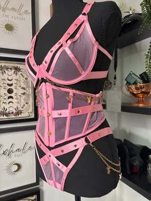 Playboy Charm Waspie 3pc Lingerie Set Pink Bra Corset Thong Gold Bunny Chains thumbnail 2
