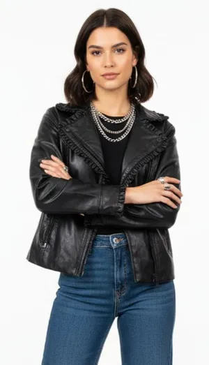 Catherine Malandrino Black Faux Leather Zip Up Ruffle Trim Cropped Jacket M thumbnail 1