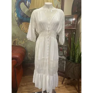 Boho White Lace Maxi Dress Button Front Large Size M thumbnail 3
