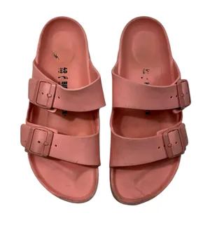 Birkenstock Peach Pink Rubber Arizona Two Strap Slip On Comfort Sandals 40 L9 M7 thumbnail 1