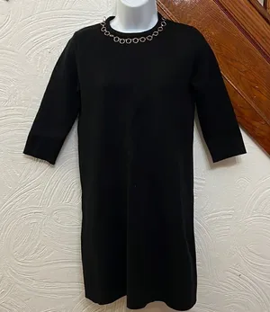 Zara Knit Dress Womens Black‎ Gold Chain Neck Shift Mini S thumbnail 1