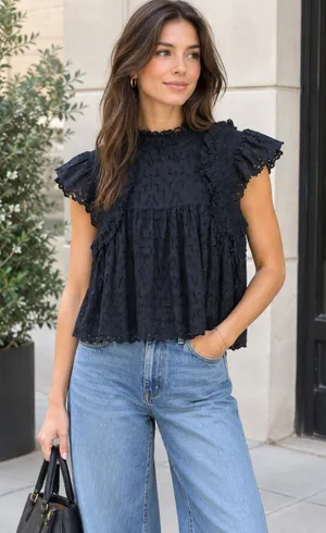 Sea New York Eyelet Blouse Women S Black Ruffle Sleeveless Cotton Top thumbnail 1