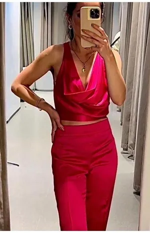 Zara NWT fuchsia pink satin cowl neck top thumbnail 7