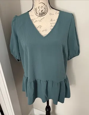 Nine West Large Teal V-Neck Peplum Blouse thumbnail 1
