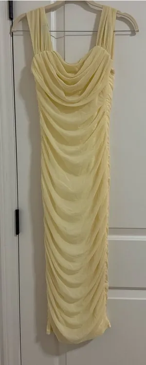 Sleeveless Pale Yellow Ruched Chiffon Midi Dress thumbnail 1