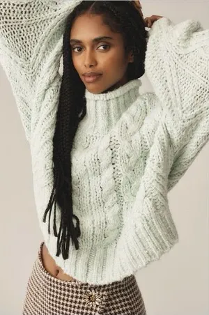 ANTHROPOLOGIE‎ Fisherman Cable-Knit Sweater - Mint thumbnail 1