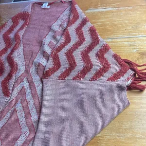 Free People Boho Diamond Fringe Kimono Cardigan Cacoon Knit Sweater Red One Size thumbnail 6