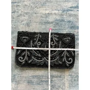 Black Silver Iridescent Floral Beaded Fold Over Magnetic Closure Clutch Bag thumbnail 6